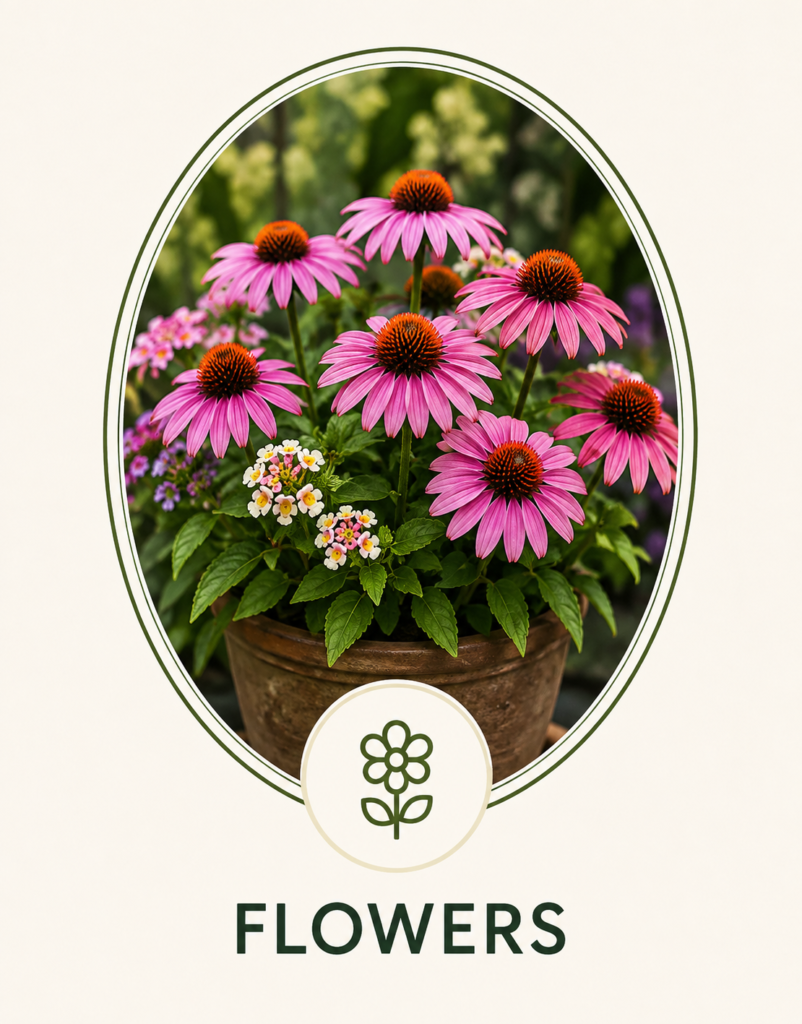 Gardens Pink coneflowers blooming in a container garden.