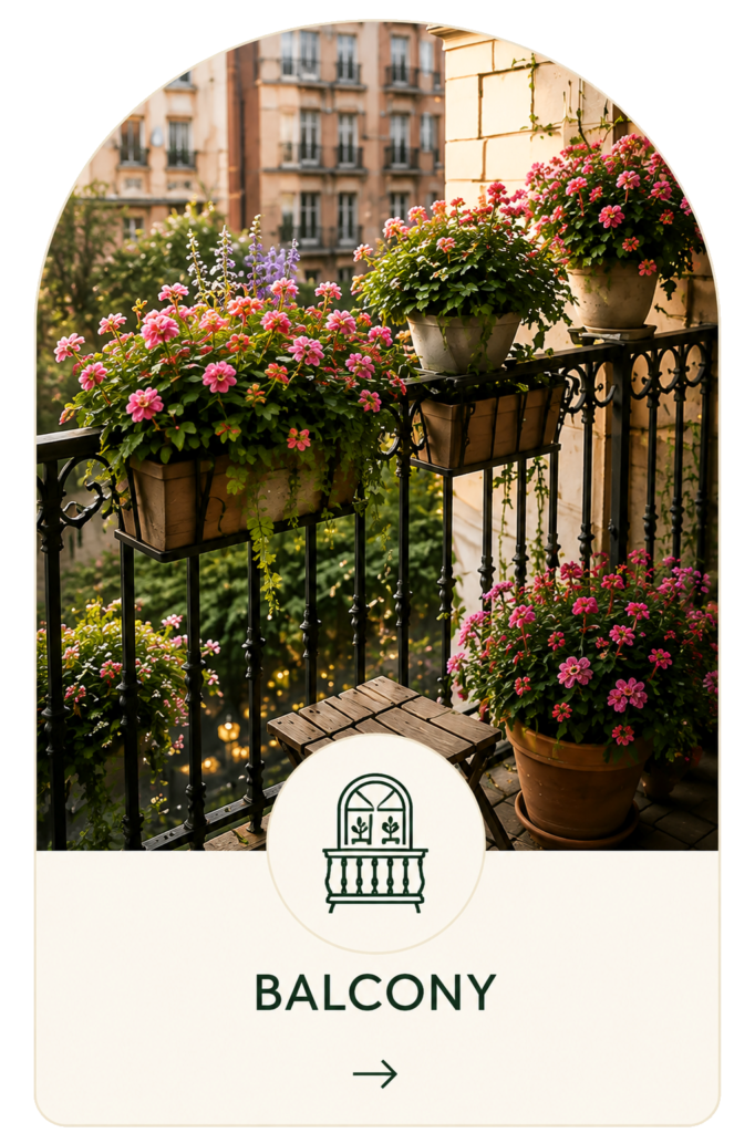 Garden Colorful small balcony garden filled with flowering containers and potted plants along a wrought-iron railing.