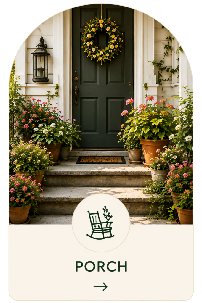 Welcoming small porch garden with colorful potted flowers surrounding a dark green front door and stone steps.
