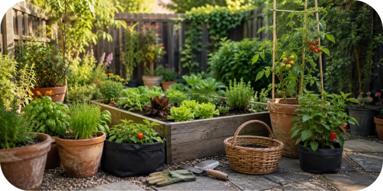 Small vegetable garden with a raised wooden planter, tomatoes, peppers, leafy greens, herbs, terracotta pots, and fabric grow bags.
