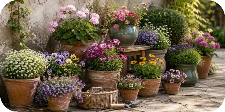 Small terracotta and ceramic pots filled with pansies, sweet alyssum, geraniums, zinnias, and trailing flowers in a sunny garden corner.