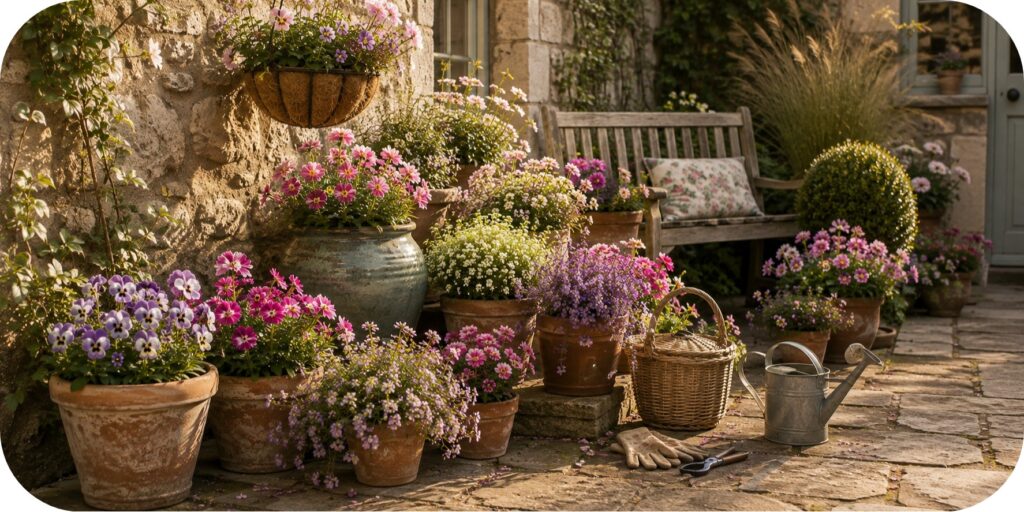 Cottage-style courtyard with weathered terracotta pots filled with pansies, dianthus, sweet alyssum, and trailing purple and pink flowers.