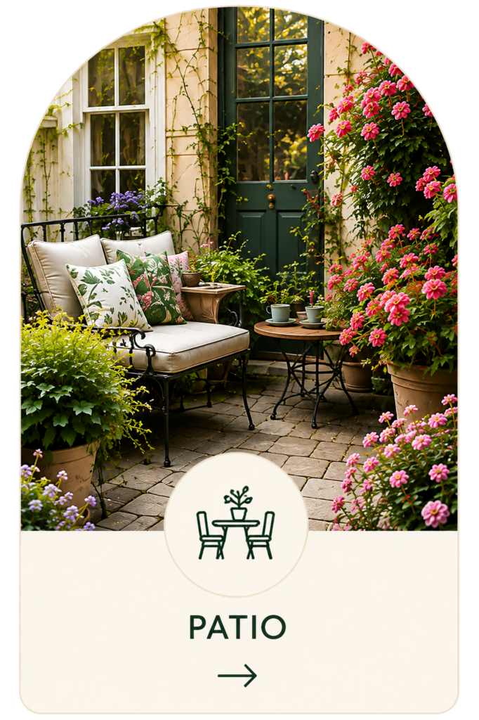 Cozy small patio garden surrounded by colorful flowers, potted plants, comfortable seating, and a bistro table.
