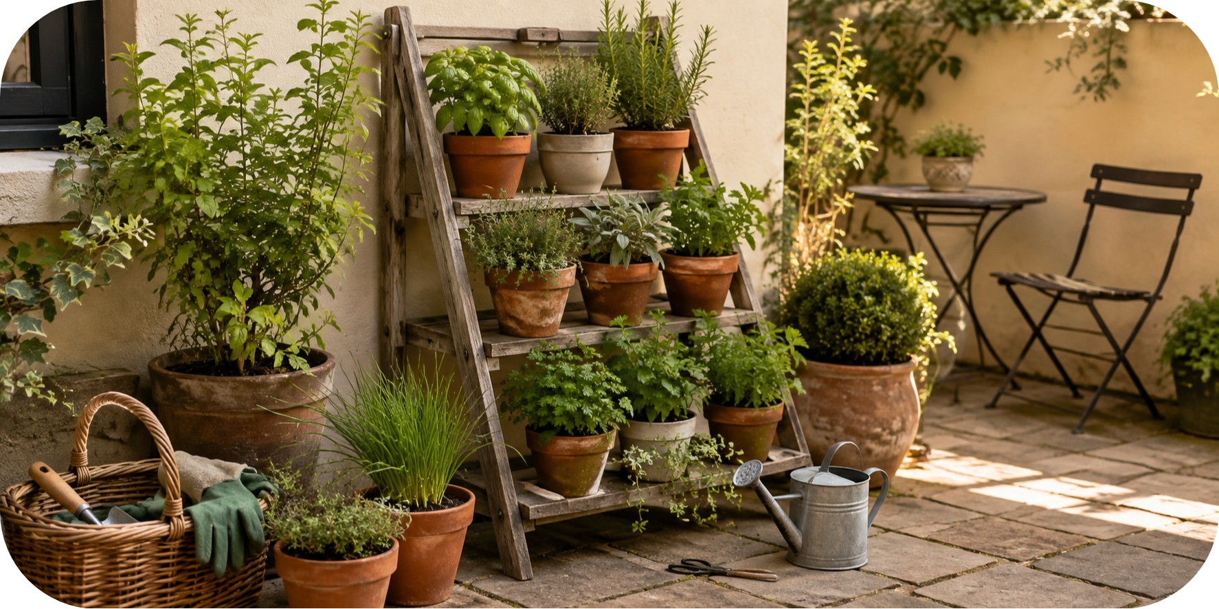 Wooden plant ladder filled with terracotta pots of basil, rosemary, thyme, parsley, sage, mint, and chives on a small patio.