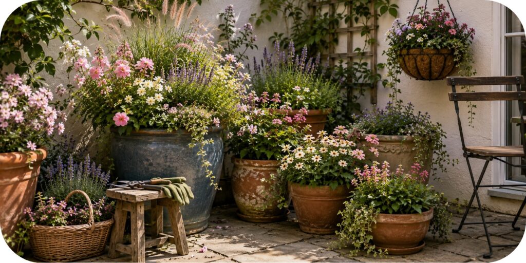 Sunny patio corner with terracotta and ceramic containers overflowing with pink, lavender, and white flowers.