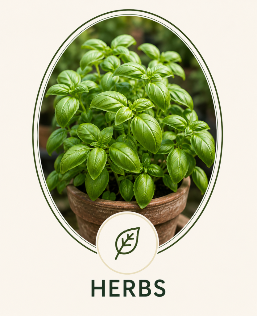 Lush basil growing in a terracotta pot in a small garden.