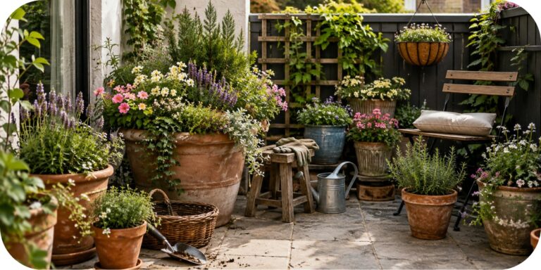 Small patio with layered terracotta pots filled with colorful flowers, herbs, trailing plants, and lush greenery.