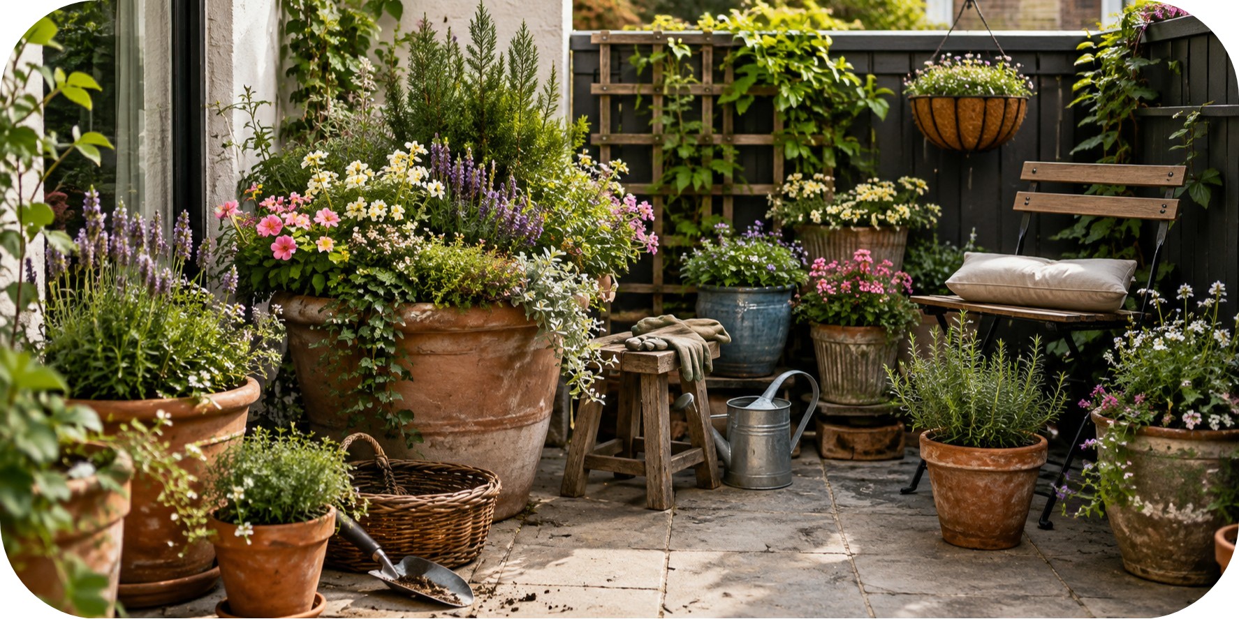Small patio with layered terracotta pots filled with colorful flowers, herbs, trailing plants, and lush greenery.