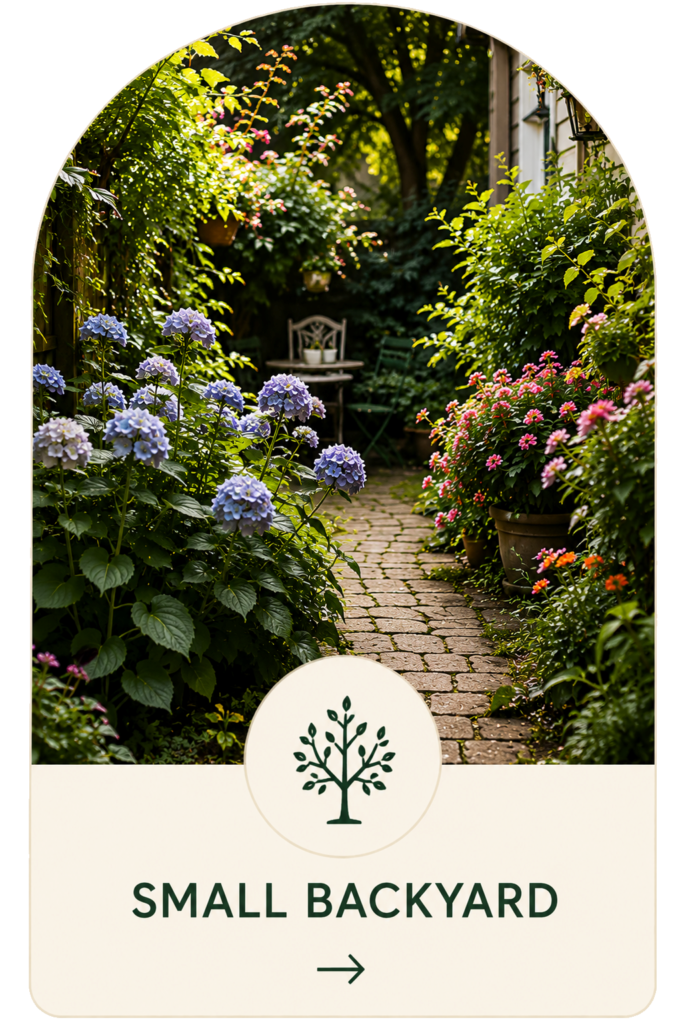 Lush small backyard garden with hydrangeas, colorful flowers, greenery, and a narrow garden path leading to a seating area.