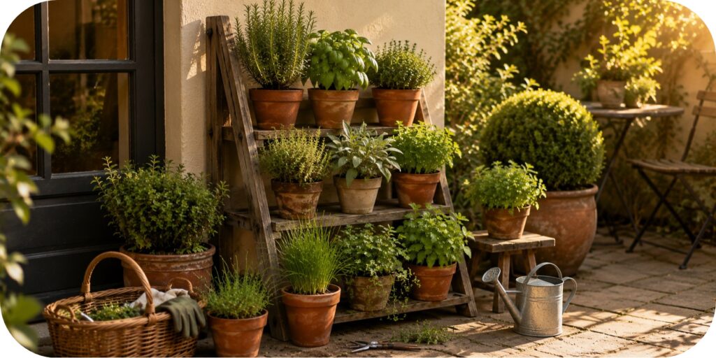 Mature vertical herb garden with lush culinary herbs growing in terracotta pots on a wooden plant ladder beside a small patio.