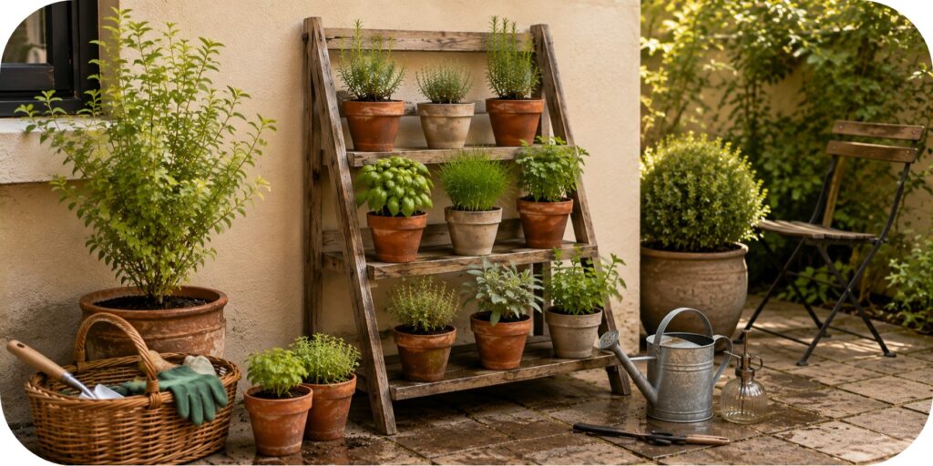 Newly planted vertical herb garden with young basil, rosemary, thyme, parsley, sage, mint, and chives in terracotta pots on a wooden ladder