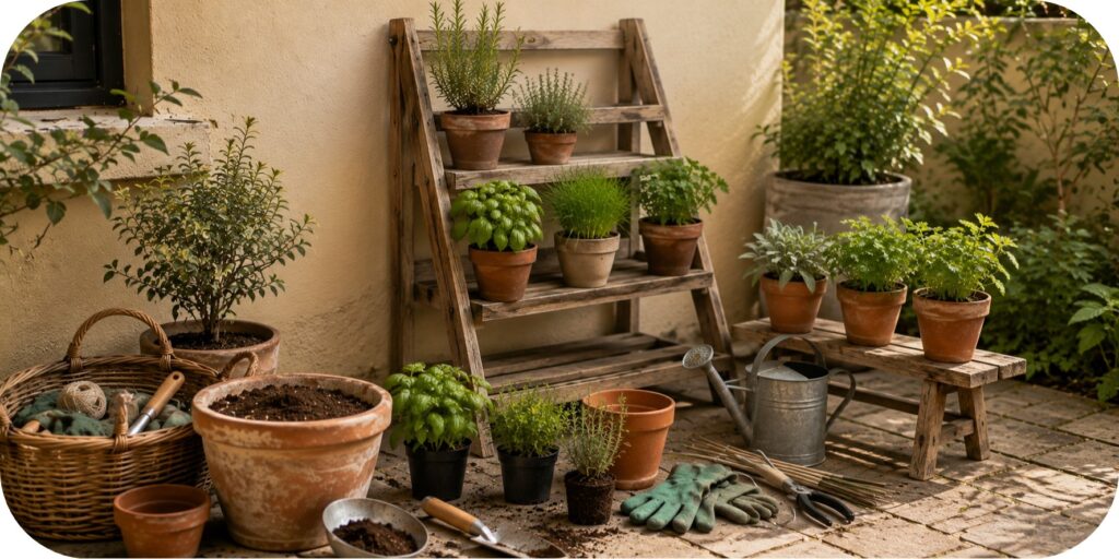 Partially planted wooden plant ladder with potted herbs, terracotta containers, potting soil, watering can, and gardening tools on a small patio.