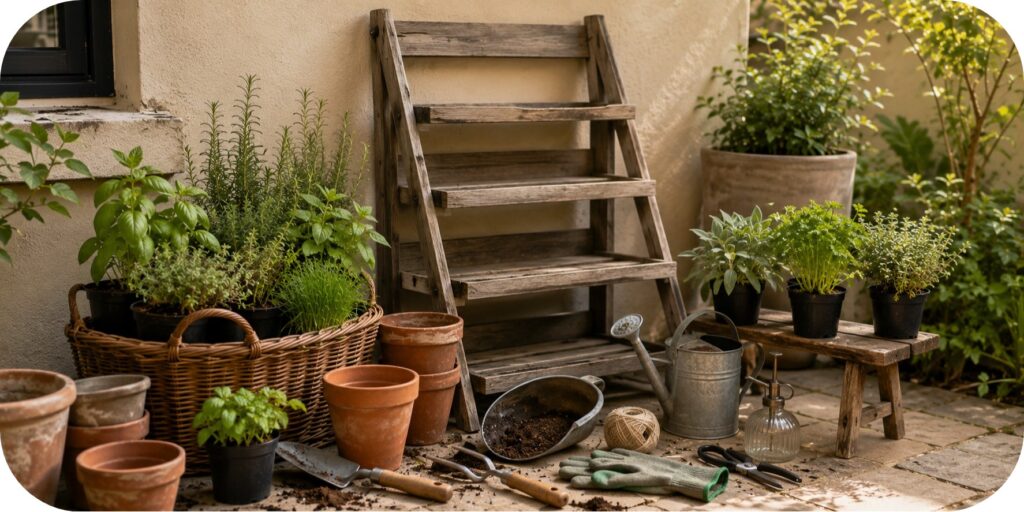 Empty wooden plant ladder with young culinary herbs, terracotta pots, potting soil, watering can, and garden tools ready for planting.