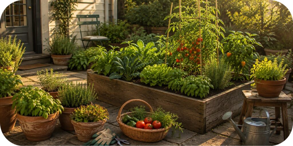 Small kitchen garden with a raised vegetable bed, ripe tomatoes, peppers, leafy greens, herbs, and terracotta containers beside the home.
