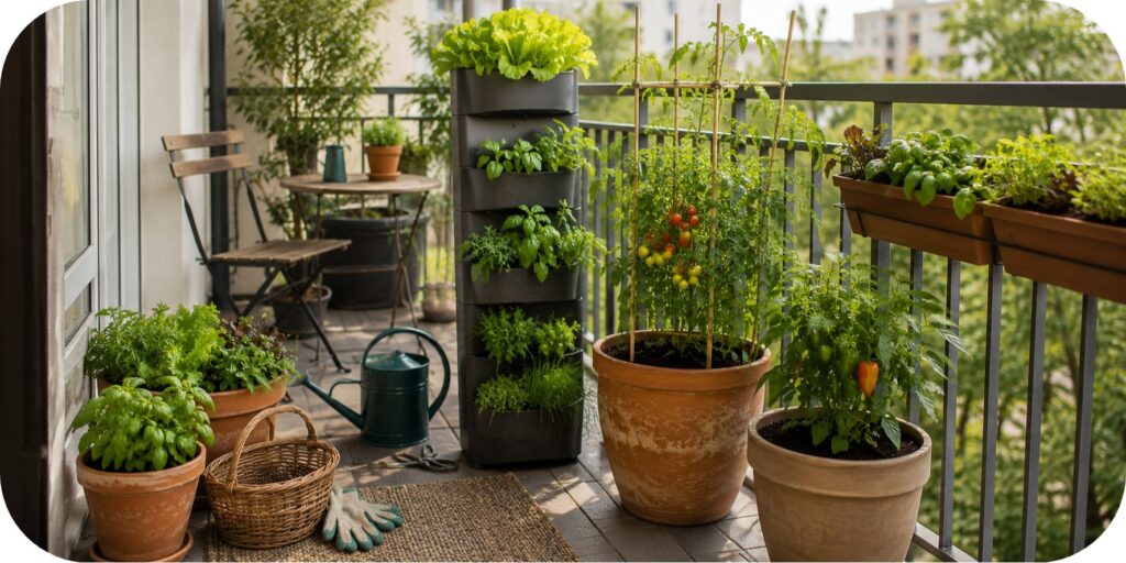 Small balcony vegetable garden with a vertical planter, container-grown tomatoes and peppers, leafy greens, and culinary herbs.