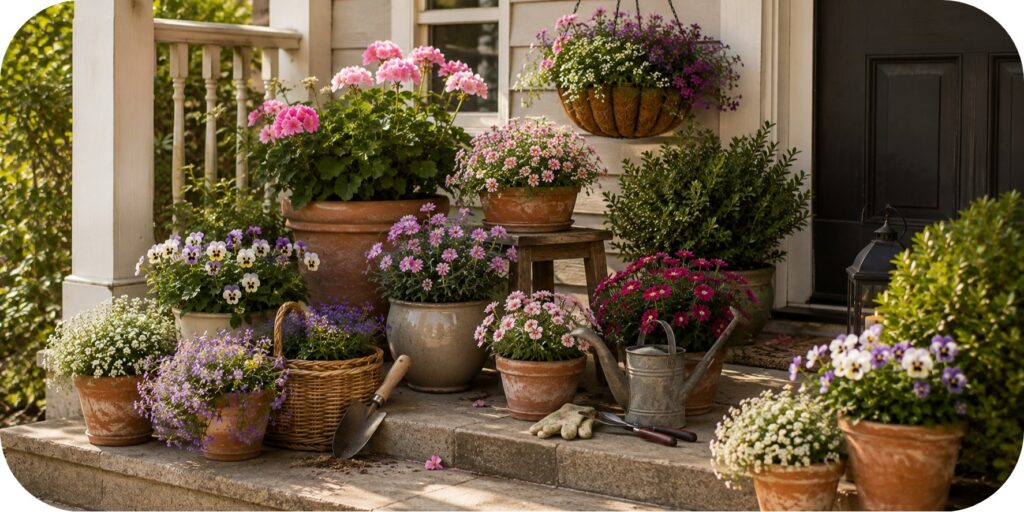 Small front porch with terracotta and ceramic pots filled with pansies, geraniums, sweet alyssum, lobelia, and other compact flowers.