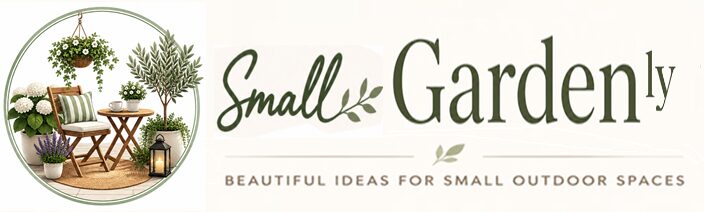 SmallGardenly logo with “SmallGarden” in elegant green lettering and a smaller “ly” accent, paired with a cozy botanical garden illustration and the tagline “Beautiful ideas for making small gardens bloom.”