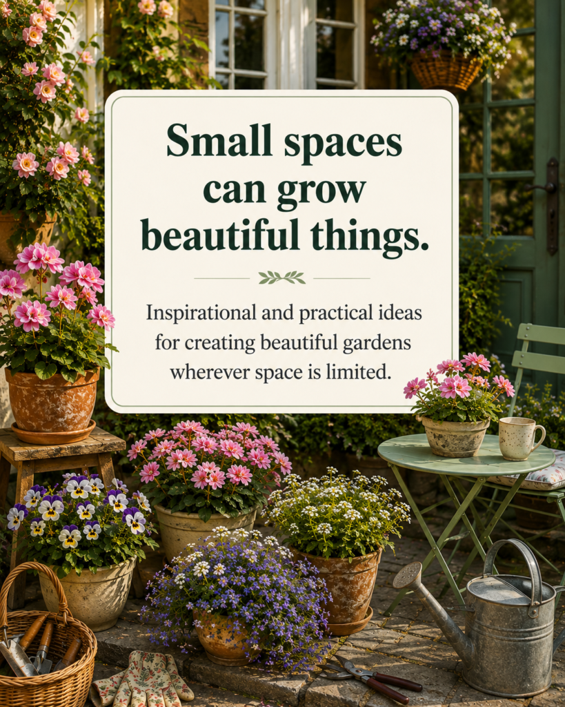 Charming small patio garden filled with colorful container flowers, terracotta pots, a bistro table, and gardening accessories.