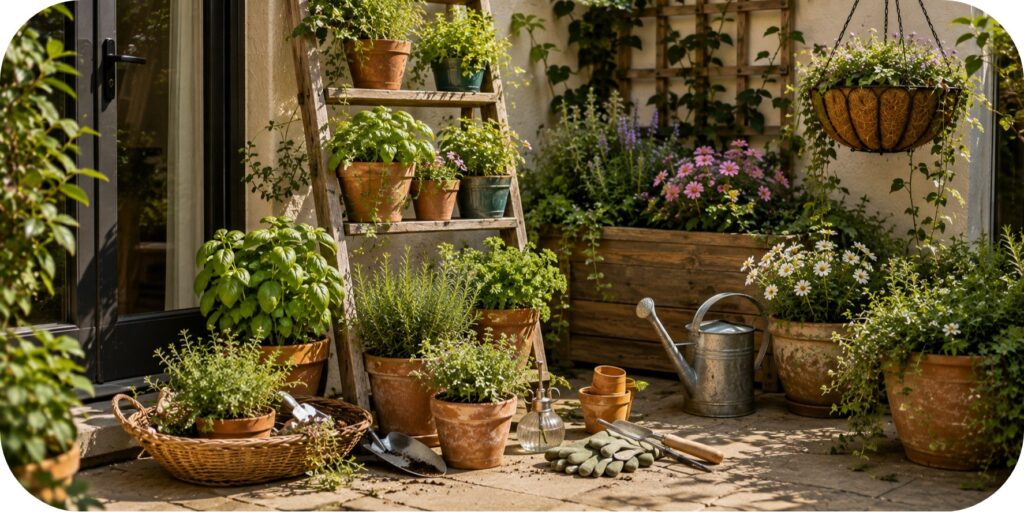 Small patio herb garden with basil, rosemary, thyme, and other herbs arranged in pots and on a wooden plant ladder.