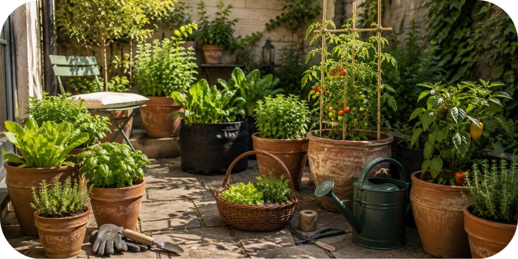 Small patio vegetable garden with container-grown tomatoes, peppers, leafy greens, herbs, terracotta pots, and fabric grow bags