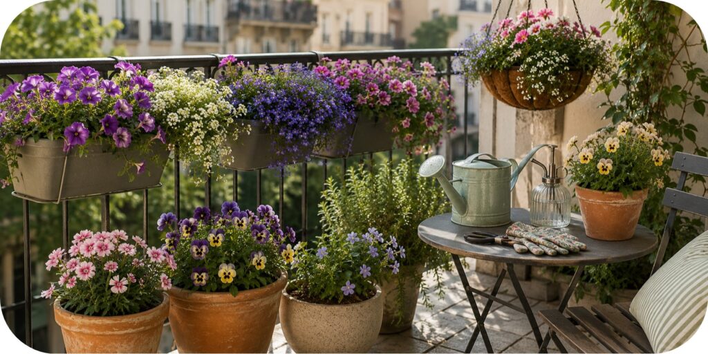 Small apartment balcony with railing planters, hanging flowers, and compact pots filled with pansies, dianthus, lobelia, and colorful blooms.