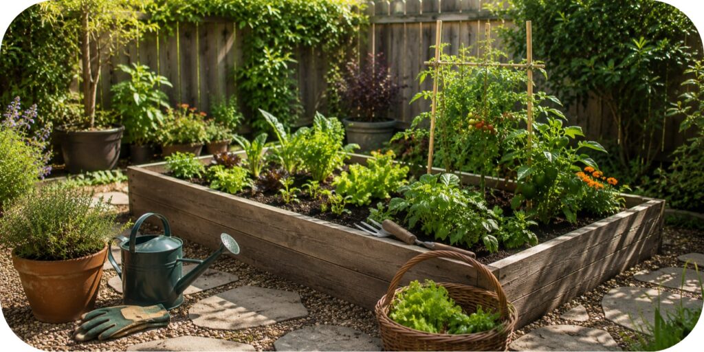 Compact raised vegetable bed filled with tomatoes, peppers, leafy greens, and herbs in a small backyard garden.