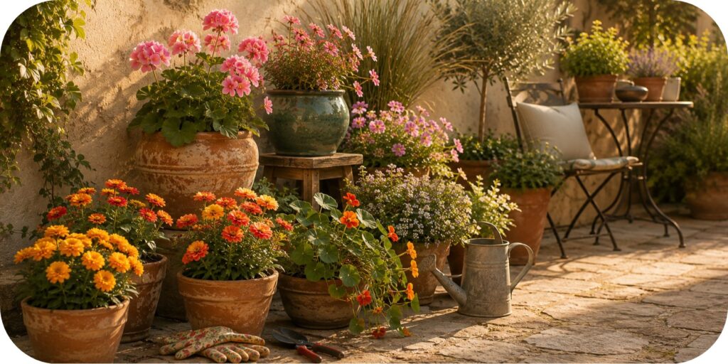 Sunny Mediterranean-style patio with small terracotta pots filled with marigolds, zinnias, geraniums, nasturtiums, and other colorful flowers.