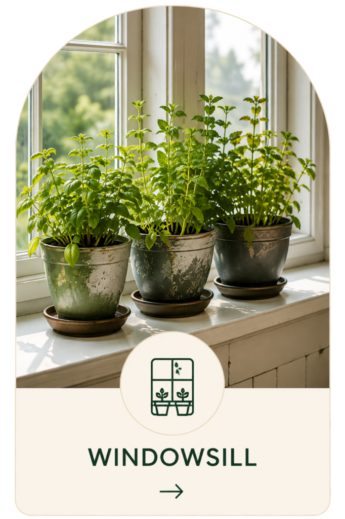 Small windowsill garden with potted herbs growing in decorative containers beside a bright sunny window.