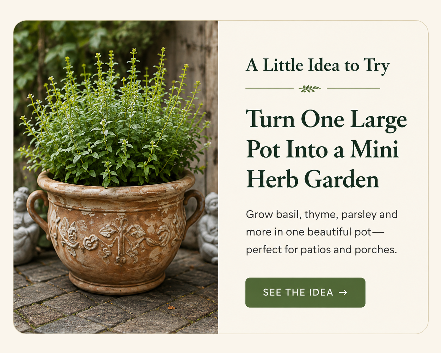 Large decorative pot filled with fresh herbs for a small-space herb garden.