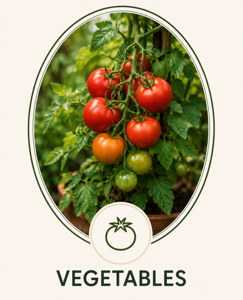 Red and green tomatoes growing on a compact tomato plant.