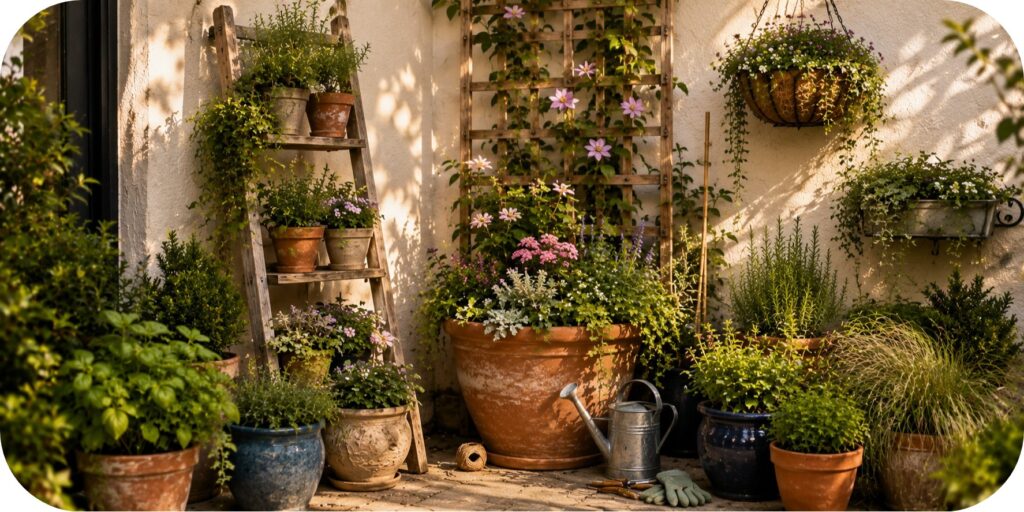 Small patio with a flowering vine growing on a wooden trellis above layered containers filled with herbs and flowers.